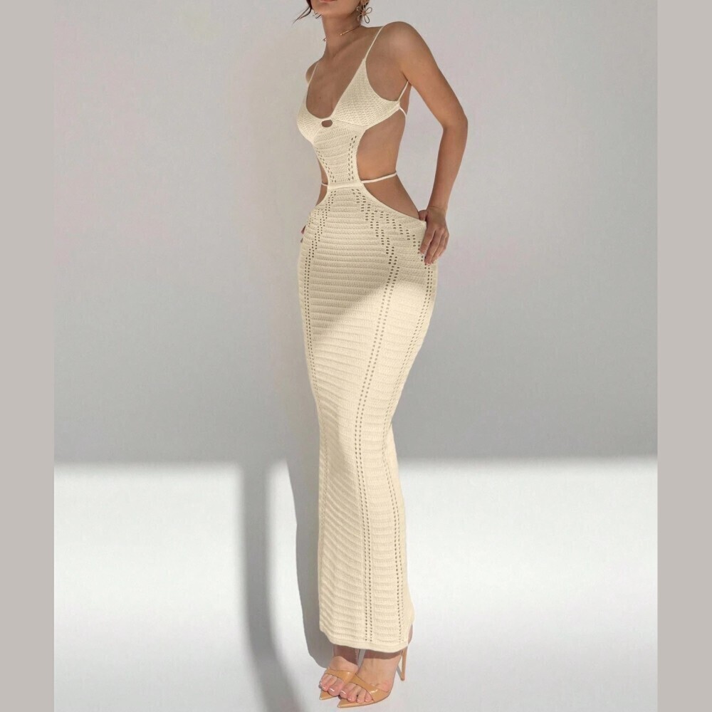 Cream Crochet Knit Cutout Spaghetti Strap Maxi Dress